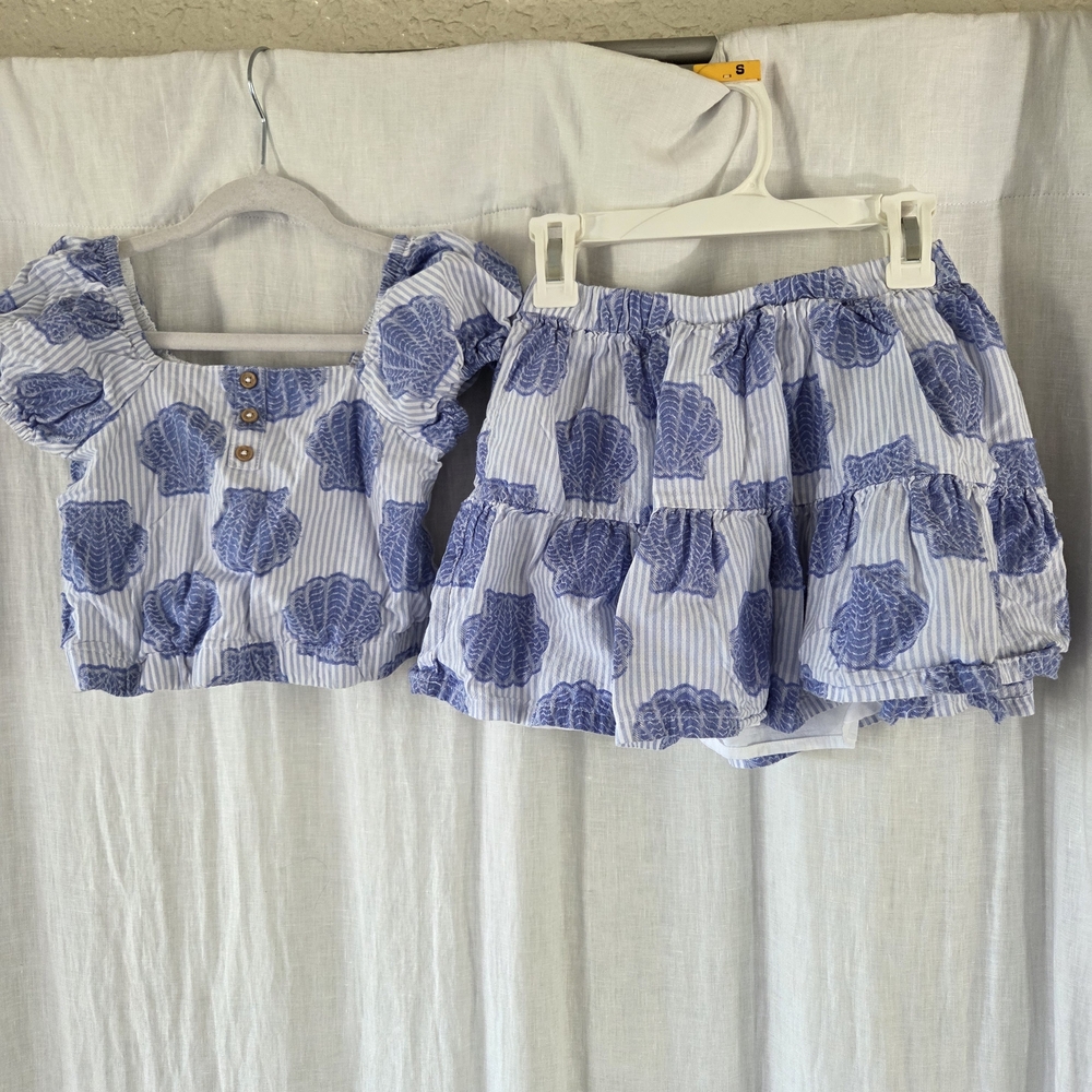 Happily Grey | Blue & White Shell-Print Tiered Skirt for Kids